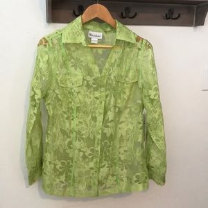 TanJay lime floral green sheer, clear flora buttons blouse size 10